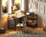 ODK 40 Inch Gaming Desk with USB Power Outlets and LED Lights, Reversible L Shaped Computer Desk with Storage Shelves & Monitor Stand, Corner Home Office Desk Table, Carbon Fiber Surface, Black ODK