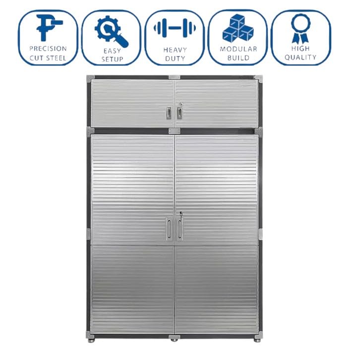 Heavey Duty Durable Lockable Stainless Steel 2 Piece Storage Cabinet Set, 4 Doors, Organizer for Garage, Office, Classroom, (Graphite, 60" W x 24" D x 90.5" H) Generic