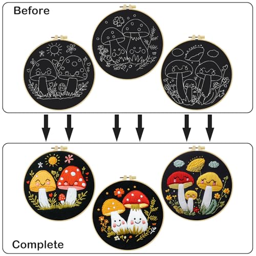 57lilina Embroidery Kit for Beginners, Pack of 3 with Hoops, Threads, Needles - Starter Cross Stitch Supplies for Adults, Gift for Relaxation Craft Lovers, Mushroom Theme