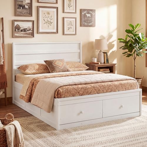 Giantex Full Size Bed Frame with Storage Drawers, Wood Platform Bed with Headboard, Solid Mattress Foundation w/Wooden Slat Support & Enclosed Base, No Box Spring Needed (White, Full) Giantex
