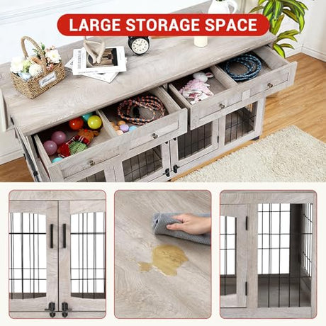 Dog Crate Furniture with 5 Doors, 58" Wooden Dog Kennel End Table with Large Capacity Drawers, Dog House with Openable Divider for Small/Medium/Large Dog,Dog Cage,Side End Table (Rustic Grey) LALFPET