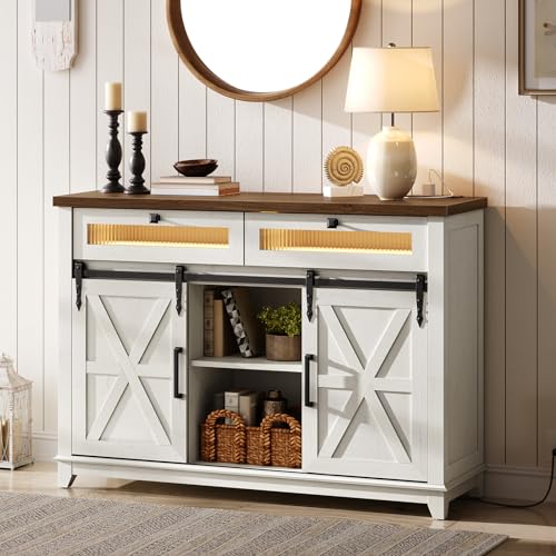 RALGEND Farmhouse Buffet Cabinet with LED Lights, 47" Coffee Bar Cabinet with Power Outlet, Kitchen Buffet Cabinet with 2 Drawers, Sideboard Cabinet, Sliding Barn Doors, White and Walnut 12CBUDWH RALGEND