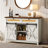 RALGEND Farmhouse Buffet Cabinet with LED Lights, 47" Coffee Bar Cabinet with Power Outlet, Kitchen Buffet Cabinet with 2 Drawers, Sideboard Cabinet, Sliding Barn Doors, White and Walnut 12CBUDWH RALGEND