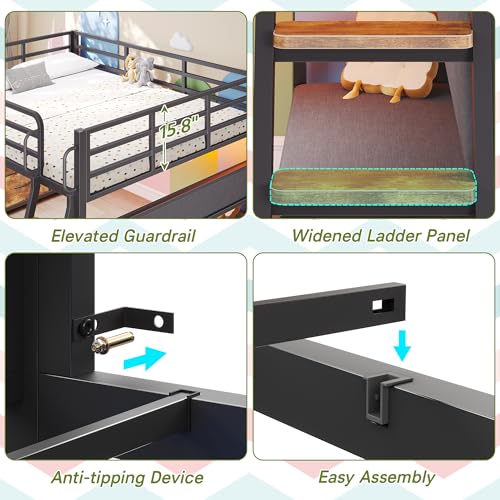 Dnxao Full Size Low Loft Bed with Desk,Full Size Bed Frame with 9 Storage Drawers, Kids Loft Bed with 15.8" H Safety Guardrail,Sofa,LED Lights & Charging Station,No Box Spring Needed,Rustic Brown Dnxao