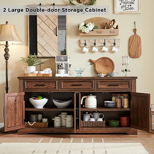 JXQTLINGMU 66" Large Buffet Sideboard Cabinet with 4 Doors and 3 Drawers, Buffet Table Coffee Bar Wine Bar Storage Cabinet for Dining Room, Living Room, Hallway, Dark Brown - WoodArtSupply