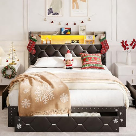 Maupvit Black Full Bed Frame with LED Lights and Storage Drawers, PU Upholstered Platform Bed Frame with LED Lights and Charging Station, 3-Tier Shelves, Rivet Trim, No Box Spring Needed, Noise Free Maupvit