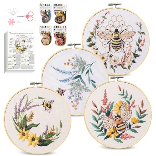 Santune 4 Pack Embroidery Kit for Beginners,Needlepoint Cross Stitch Kits for Adults,Needle Point Sets with Bee Flower Pattern Stitch Video Tutorial
