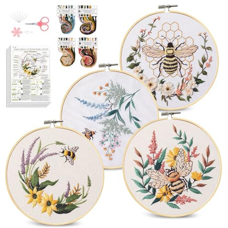 Santune 4 Pack Embroidery Kit for Beginners,Needlepoint Cross Stitch Kits for Adults,Needle Point Sets with Bee Flower Pattern Stitch Video Tutorial Santune