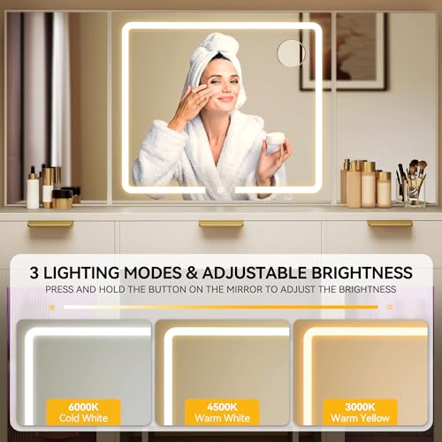 DWVO 56" Vanity Table Set with Tri-Fold Mirror & LED Lights, Makeup Vanity Desk with RGB Glass Cabinets, Storage Drawers, Shelves, Built-in Power Strip, Cushioned Stool for Dressing Room, White DWVO