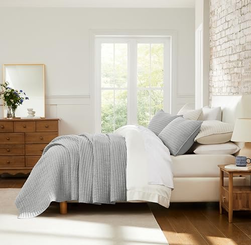 WDCOZY Grey Pick Stitch Twin Size Quilt Set, Striped Channel Lightweight Soft All Season Bedspread, Bamboo Linen Like Textured Coverlet, Farmhouse Country Rustic Bedding, Thin Comforter WDCOZY