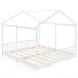 KOMFOTT Double Twin Floor House Bed, House Platform Beds for 2 Kids, Double Montessori Floor Bed with Safety Guardrails, No Box Spring Needed, Wooden Slat Supported Twin Floor Bed (White) KOMFOTT