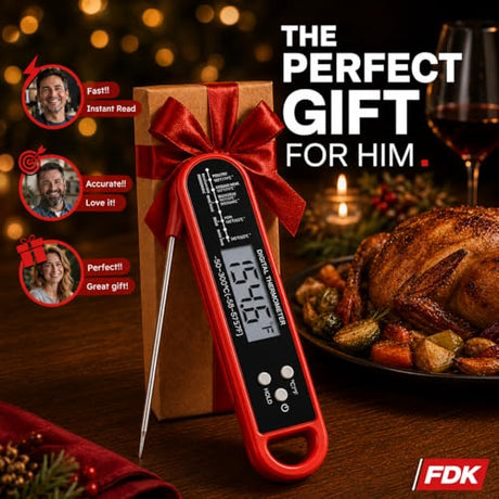 Digital Meat Thermometer for Cooking and Grilling - Instant Read Food Thermometer with IP67 Waterproof, Strong Magnet and Calibration-Professional Kitchen BBQ Probe for Turkey, Steak, Gift for Men/Dad FDK