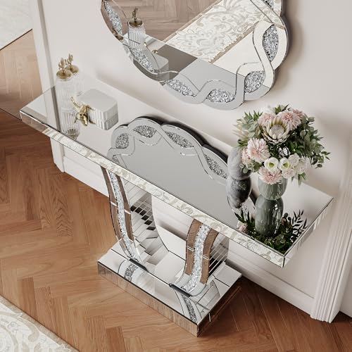 LUMISOL Mirrored Console Table, 43 Inch Silver Entryway Table with Curved Stone-Inlaid Legs, Modern Mirror-Decorated Sofa Table Behind Couch, Side Table for Living Room Foyer Hallway, Silver LUMISOL