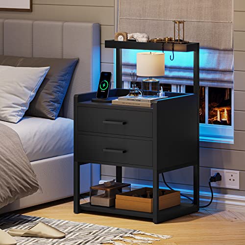 AOGLLATI LED Nightstand Set of 2 with Charging Station, 2 Drawers Night Stand with LED Lights for Bedroom, 2 USB Ports, 2 Power Outlets, Bed Side Table with Storage Shelves - WoodArtSupply