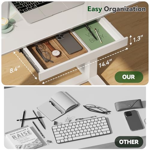 Gibbon Mounts Glass Standing Desk with Drawers,35inch Small Mobile Laptop Desk, Height Adjustable Rolling Sit Stand Desk, White Pneumatic Portable Computer Desk with Hidden Wheels or Lockable Casters Gibbon Mounts