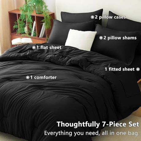 CozyLux Full Comforter Set Black, 7 Pieces Bed in a Bag Soft Bedding Comforter Set with Sheets, All Season Boho 7PC Bed Sets with Comforter, Fitted Sheets, Flat Sheets, Pillow Shams and Pillowcases CozyLux