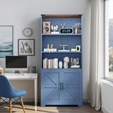 VINGLI Blue Bookcase with Doors and Adjustable Shelves, Steel 70" Tall Bookshelf Display Cabinet, 6-Tier Tall Farmhouse Metal Storage Cabinet for Study, Living Room, Home Office, Kitchen Pantry VINGLI