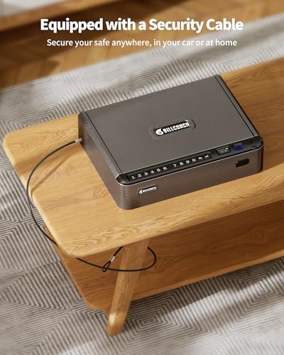 BILLCONCH Smart Gun Safe with Security Cable - Biometric Gun Safe for Handgun 4 Ways Quick Access with Fingerprint/Keypad/Key/APP Lock Pistol Safe for Nightstand Bedside Home Car with LCD/Voice Guide BILLCONCH