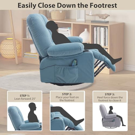 REFICCER Rocker Recliner Chair with Massage and Heat, Fabric Overstuffed Swivel Recliners Glider with Cup Holder Side Pocket, Rocking Reclining Sofa Chair for Adults Living Room, Blue REFICCER