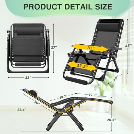 Suteck Oversized Zero Gravity Chair,33In XXL Outdoor Recliner Chair w/Removable Cushion&Headrest, Camping Lounge Chair w/Upgraded Lock&Footrest, Reclining Patio Chairs for Indoor Outdoor,500LBS Suteck