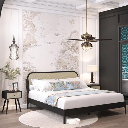 Bme Aurelia Black Solid Wood Bed Frame with Rattan Headboard - Bohemian & Mid Century Modern Style Bme
