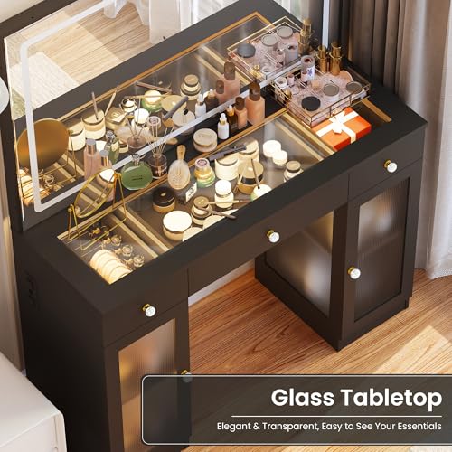 Fkhouse Glass Top Makeup Vanity with Mirror and Lights, Crystal Knobs Vanity Desk with 3 Drawers and Charging Station, Adjustable Lighting Color Makeup Table, Black Fkhouse