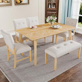 Merax 6 Piece Solid Wood Dining Table Set for 6, Rustic Farmhouse Rectangular with 4 Upholstered Wooden Chairs and 1 Bench, Kitchen Room, Natural Wood Wash Merax