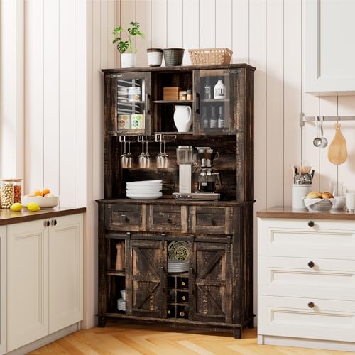 LUXOAK 72" Coffee Bar Wine Cabinet with Sliding Barn Door & LED Lights, Sideboard Buffet Cabinet with Wine Bottle Rack, 3 Drawers, Storage Cabinet for Kitchen, Dining Room, Dark Rustic Oak LUXOAK