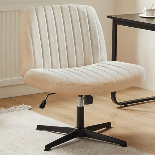 DUMOS Criss Cross Chair No Wheels Wide Cross Legged Office Desk Vanity Chair Comfy Fabric Armless Adjustable Swivel for Home Computer Task (Beige) DUMOS