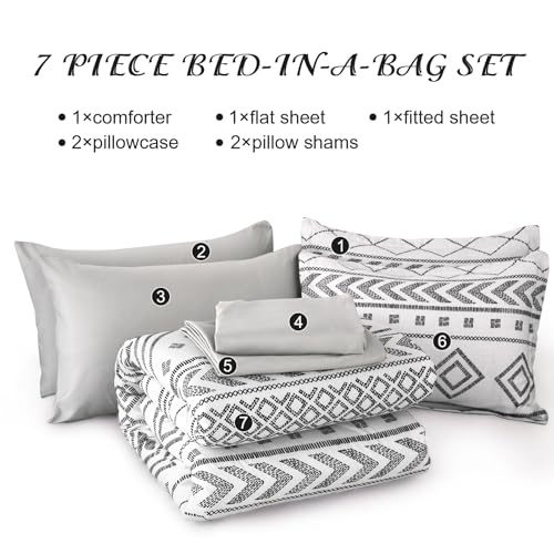 Yiran White Comforter Set Queen Size, 7 Piece Boho Aztec Bedding Set, Bohemian Bed in a Bag Queen, Soft Microfiber Striped Complete Bedding Set with Sheets for All Season Yiran