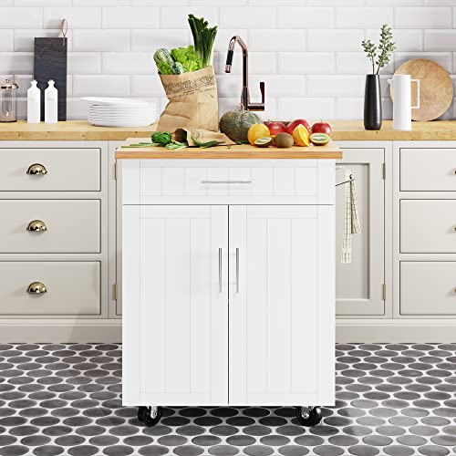 Shintenchi Kitchen Island Cart with Storage,Rolling Side Table on Wheels with Large Worktop, Cabinet,Towel Rack and Drawers for Kitchen,Dinning Room, White - WoodArtSupply