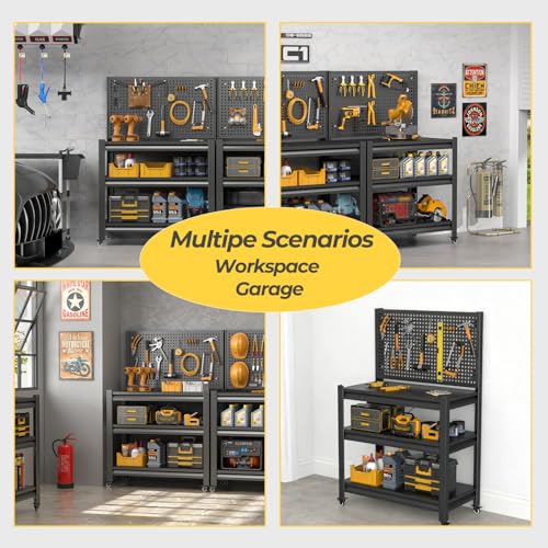 Work Bench with Pegboard,Heavy Duty Workbench with Wheels Adjustable Shelves,Tool Cart,Work Table for Garage Warehouse47.2 H*33.46" W*18" D PLMFJQK