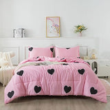Caressma Girls Pink Comforter Set Twin Size - Blush Pink Cute Love Heart Print Comforter Bedding Set for All Seasons, Geometric Soft Microfiber Comforter Set with Pillowsham Caressma