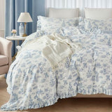 Brandream French Country Garden Toile Floral Duvet Quilt Cover King Size 100% Cotton Bedding Set Toile Tapestry Pattern Blossom Tree Branches Delicate Ruffle Fringe Design Brandream