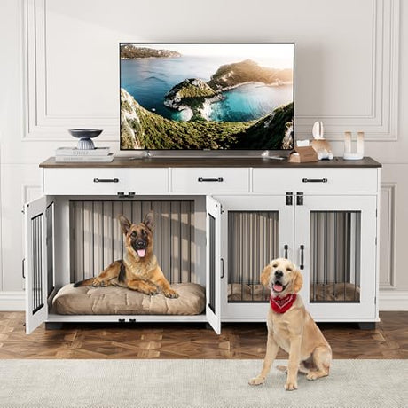 71'' Dog Crate Furniture, Wooden Indoor Dog Kennel for 2 Dogs with 3 Drawers and Removable Room Divider, XXL Double Dog Crate TV Stand End Table with Double Doors for Large Medium Dogs, White GAOMON