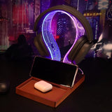 YuanDian Gamer Gifts for Teenage Boy, LED Gaming Headphone Phone Stand with Tray - Wood Holder with Blue Pink LED Night Light, Desk Organizer, Ideal Gift for Gamers, Men, and Music Lovers YuanDian