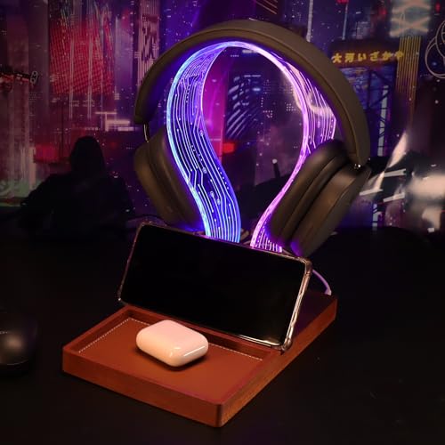 YuanDian Gamer Gifts for Teenage Boy, LED Gaming Headphone Phone Stand with Tray - Wood Holder with Blue Pink LED Night Light, Desk Organizer, Ideal Gift for Gamers, Men, and Music Lovers - WoodArtSupply