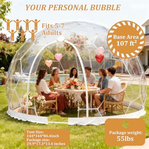 Garden Dome Tent, 12 x 7.2 ft Outdoor Clear Tent House for 4-7 Person, Waterproof PVC Bubble Dome House for Backyard Party Camping WUHUWOO
