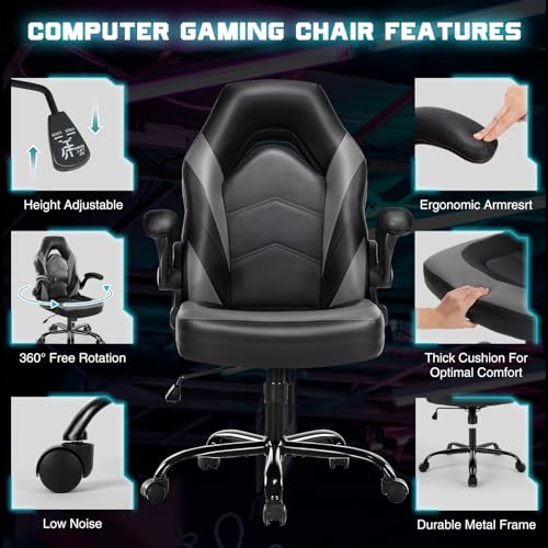 DUMOS Gaming Ergonomic Office Chair for Adults, Height Adjustable Computer Desk Chair with Flip-up Armrests, PU Leather Swivel Video Game Chair with 360° Rolling Wheels, Grey DUMOS