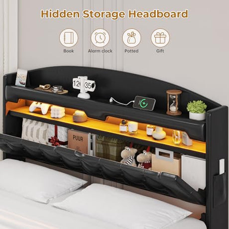 BTHFST Floating Bed Frame Queen Size with Charging Station, Headboard with Secret Storage Cubby, RGB Floating Bed, No Box Spring Needed, PU Black BTHFST