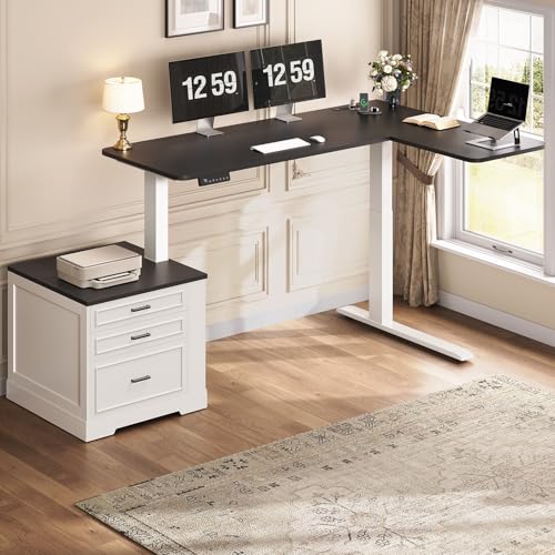 SEDETA Farmhouse L Shaped Electric Standing Desk, 70.9" x 39.4" Height Adjustable Office Executive Desk with 3 Drawers, Standing Computer Desks with Power Outlet for Home Office, White SEDETA