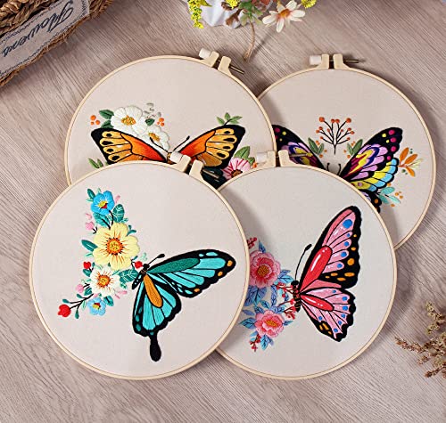 Konrisa Embroidery Kits with Butterfly Flower Pattern, Stamped Embroidery Starter Kit for Beginners Adults Needlepoint Kits Include Embroidery Fabric Embroidery Hoop Threads and Needles,Set of 2