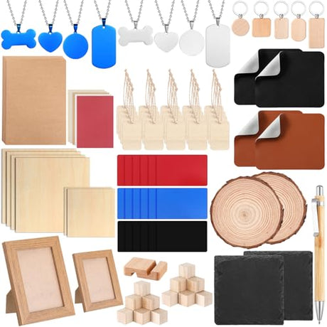 Tondiamo 118 Pcs Laser Material Engraving Explore Kit Laser Engraving Blanks Set Including Acrylic, Wood, Metal, PU Leather, Rock Materials for Laser Engraver Crafting Tondiamo