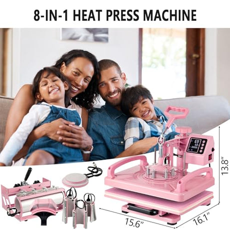 Leomru 8 in 1 Heat Press Machine 12x15 Inch, Heat Press Machine for T Shirts Hat Cap Mug Plate 360° Swing Away, Sublimation Heat Press Heat Transfer Machine W/ 30OZ Tumbler Press Pink Leomru