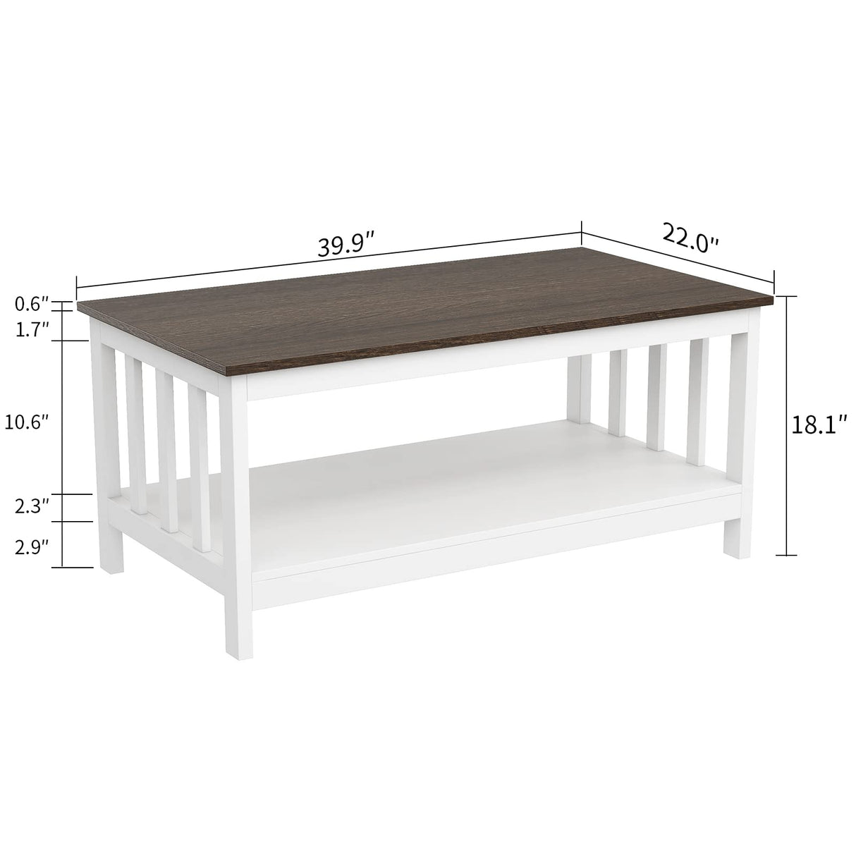 ChooChoo White Coffee Table, Farmhouse Living Room Table with Shelf, 40 Inch ChooChoo