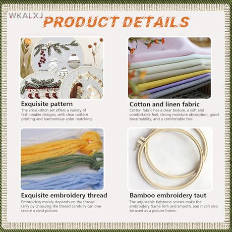 WKALXJ 4 Sets Embroidery Kits for Beginners Adults, Cross Stitch Kits, Needlepoint Kits with Instruction, Video, Needle Point Kits with Holly Fireplace Stocking Nativity Patterns (Christmas A) WKALXJ