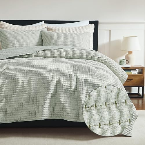 WDCOZY Sage Green Pick Stitch Twin Size Quilt Set, Striped Lightweight Soft Summer Spring Bedspread, Bamboo Linen Like Textured Coverlet, Chambray Farmhouse Country Rustic Thin Bedding Comforter WDCOZY