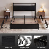 VINGLI Queen Platform Bed Frame with 4 Storage Drawers and Adjustable Headboard Shelf, Metal Bed with Charging Station and LED Lights, No Box Spring Needed, Noise Free, Easy Assembly, Black VINGLI