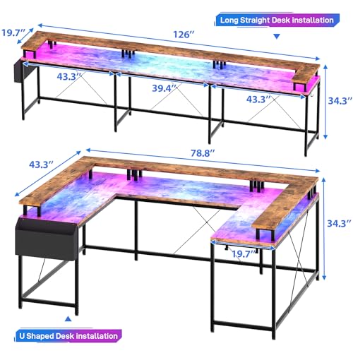 PeacefulHues 126 Inch U Shaped Gaming Desk with Monitor Stand and LED Lights, Reversible Large Computer Desk with Power Outlets, Office Desk with Storage Bag and Hooks, Vintage Style PeacefulHues