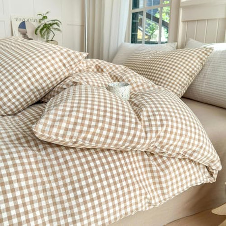 LifeTB Tan Gingham Comforter Set Twin XL Modern Style Beige Plaid Comforter Set 3 Pieces Soft Fluffy Grid Checkered Pattern Comforter with 2 Pillowcases Farmhouse Gingham Bedding Set Twin XL LifeTB